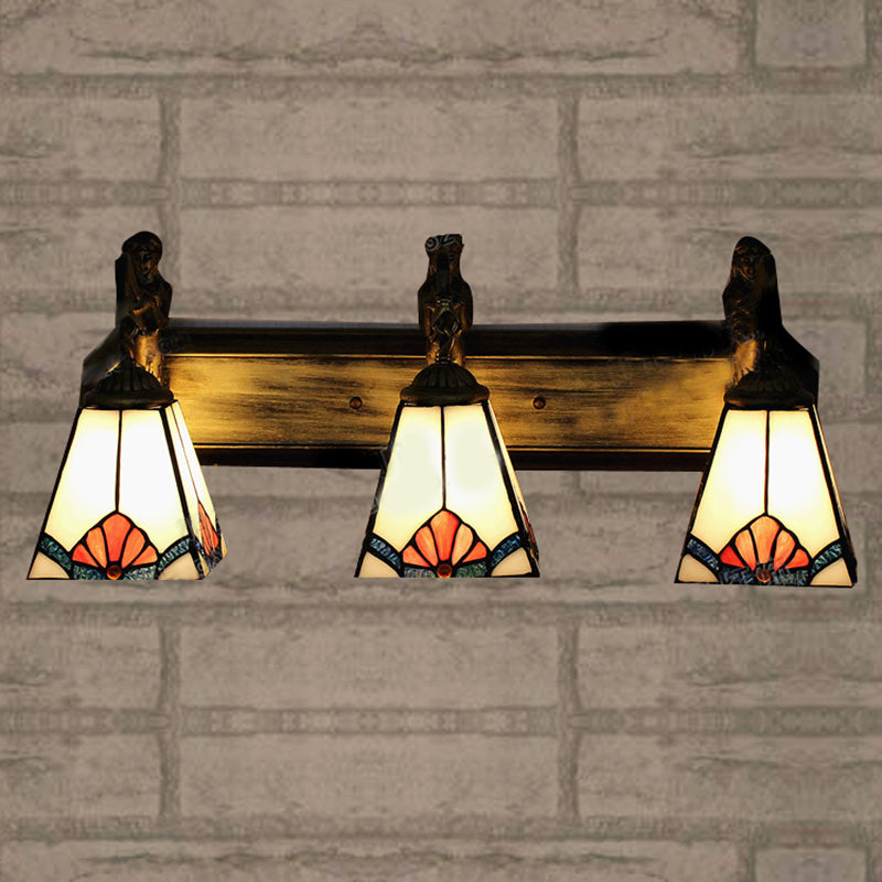 Trapezoid Wall Mount Light Tiffany White Glass 3 Lights Brass Vanity Light Fixture with Mermaid Decoration