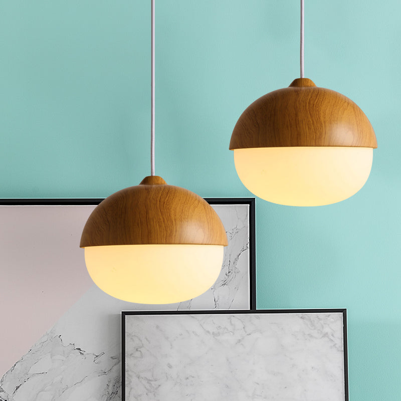 1 Light Nut Shaped Hanging Light Japanese Style Glass & Wood Pendant Light in White for Shop
