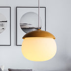 1 Light Nut Shaped Hanging Light Japanese Style Glass & Wood Pendant Light in White for Shop