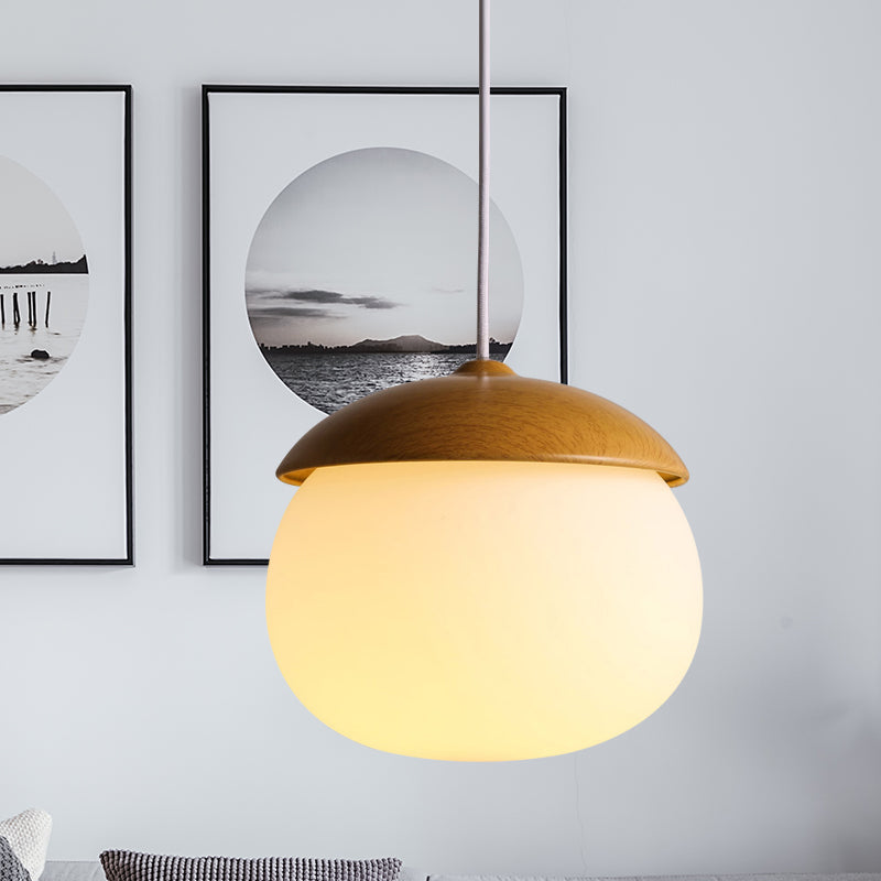 1 Light Nut Shaped Hanging Light Japanese Style Glass & Wood Pendant Light in White for Shop