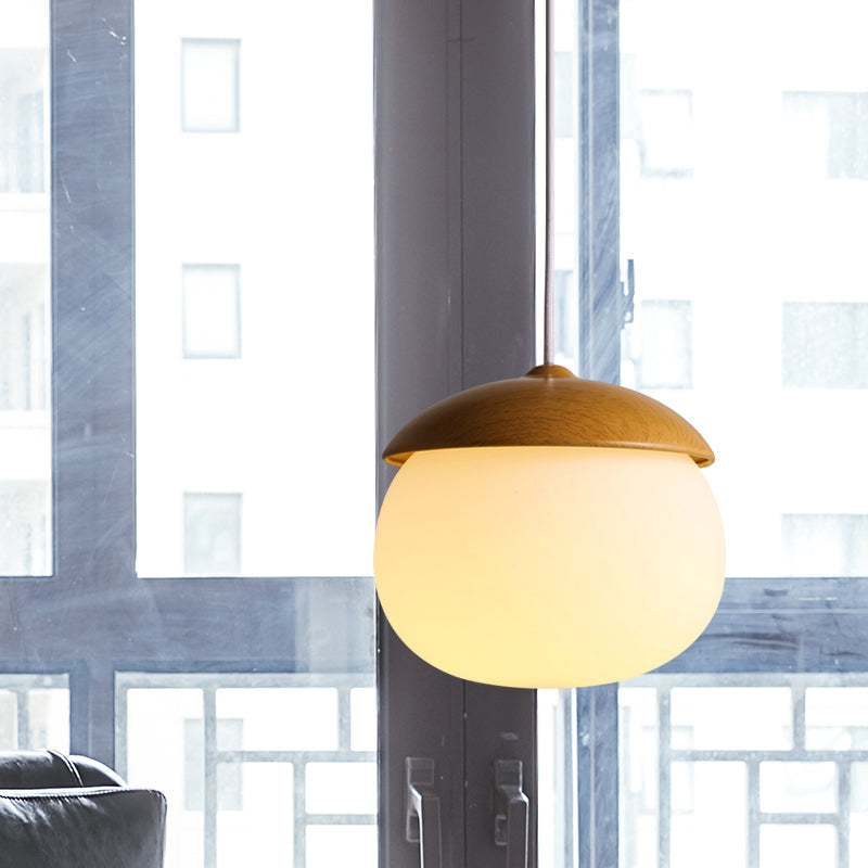 1 Light Nut Shaped Hanging Light Japanese Style Glass & Wood Pendant Light in White for Shop