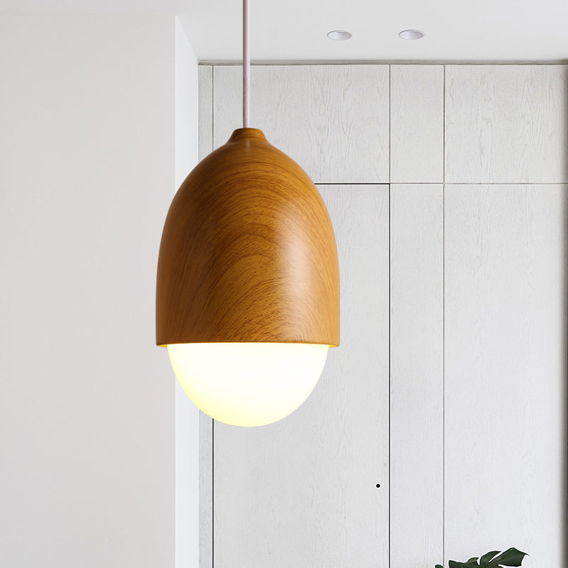 1 Light Nut Shaped Hanging Light Japanese Style Glass & Wood Pendant Light in White for Shop