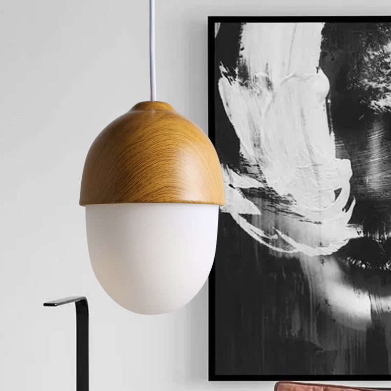 1 Light Nut Shaped Hanging Light Japanese Style Glass & Wood Pendant Light in White for Shop