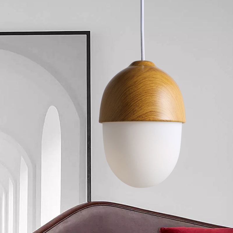 1 Light Nut Shaped Hanging Light Japanese Style Glass & Wood Pendant Light in White for Shop