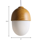 1 Light Nut Shaped Hanging Light Japanese Style Glass & Wood Pendant Light in White for Shop