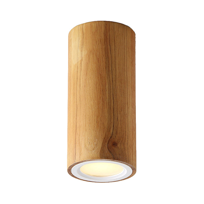 Wood Cylinder Down Light Asian Style Flush Mount Light in Beige for Dining Room