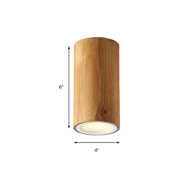 Wood Cylinder Down Light Asian Style Flush Mount Light in Beige for Dining Room