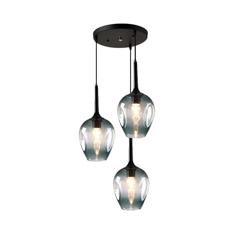 Black Tulip Cluster Lighting Modernist 3 Lights Amber/Smoke/Blue Glass Hanging Ceiling Lamp with Spiral Design