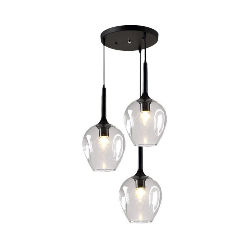 Black Tulip Cluster Lighting Modernist 3 Lights Amber/Smoke/Blue Glass Hanging Ceiling Lamp with Spiral Design