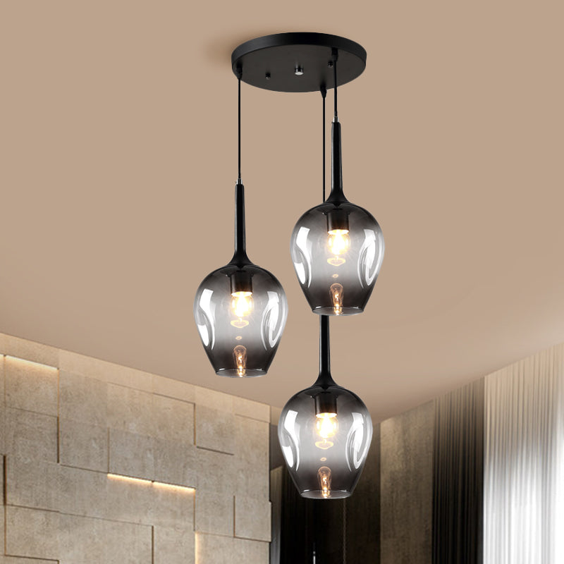 Black Tulip Cluster Lighting Modernist 3 Lights Amber/Smoke/Blue Glass Hanging Ceiling Lamp with Spiral Design