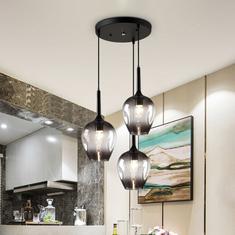 Black Tulip Cluster Lighting Modernist 3 Lights Amber/Smoke/Blue Glass Hanging Ceiling Lamp with Spiral Design