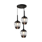 Black Tulip Cluster Lighting Modernist 3 Lights Amber/Smoke/Blue Glass Hanging Ceiling Lamp with Spiral Design