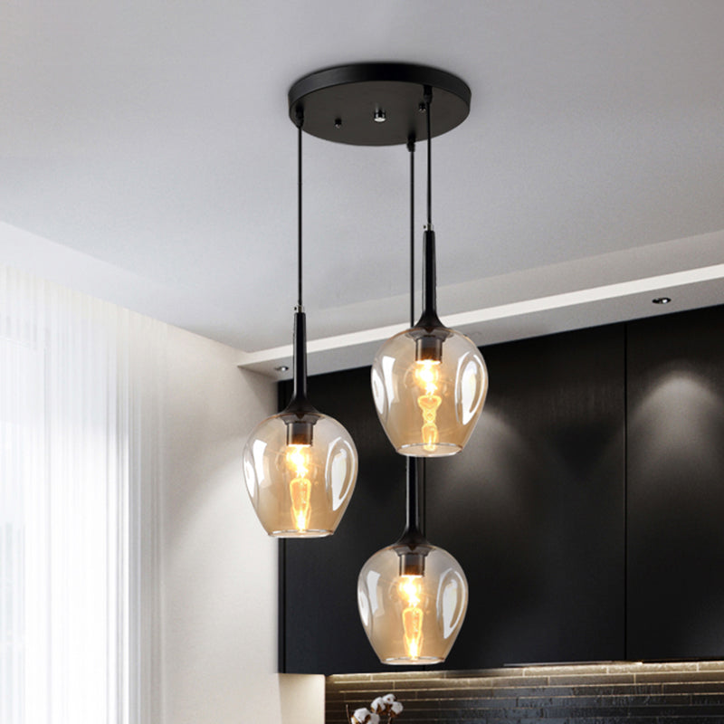 Black Tulip Cluster Lighting Modernist 3 Lights Amber/Smoke/Blue Glass Hanging Ceiling Lamp with Spiral Design