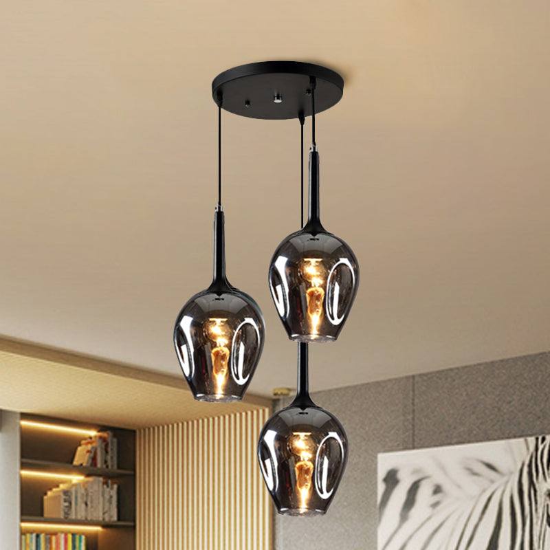 Black Tulip Cluster Lighting Modernist 3 Lights Amber/Smoke/Blue Glass Hanging Ceiling Lamp with Spiral Design