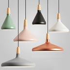 Conical Hanging Ceiling Light Macaron Aluminum 1-Bulb Pink/Gold/Grey and Wood Pendant Light Fixture over Table