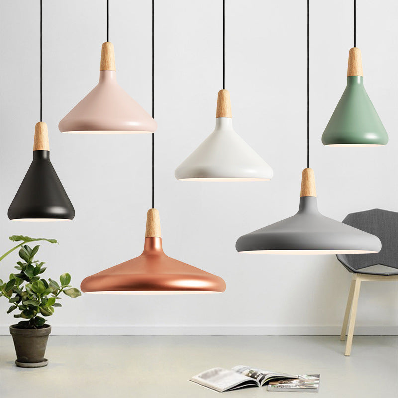 Conical Hanging Ceiling Light Macaron Aluminum 1-Bulb Pink/Gold/Grey and Wood Pendant Light Fixture over Table