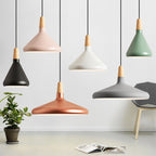Conical Hanging Ceiling Light Macaron Aluminum 1-Bulb Pink/Gold/Grey and Wood Pendant Light Fixture over Table