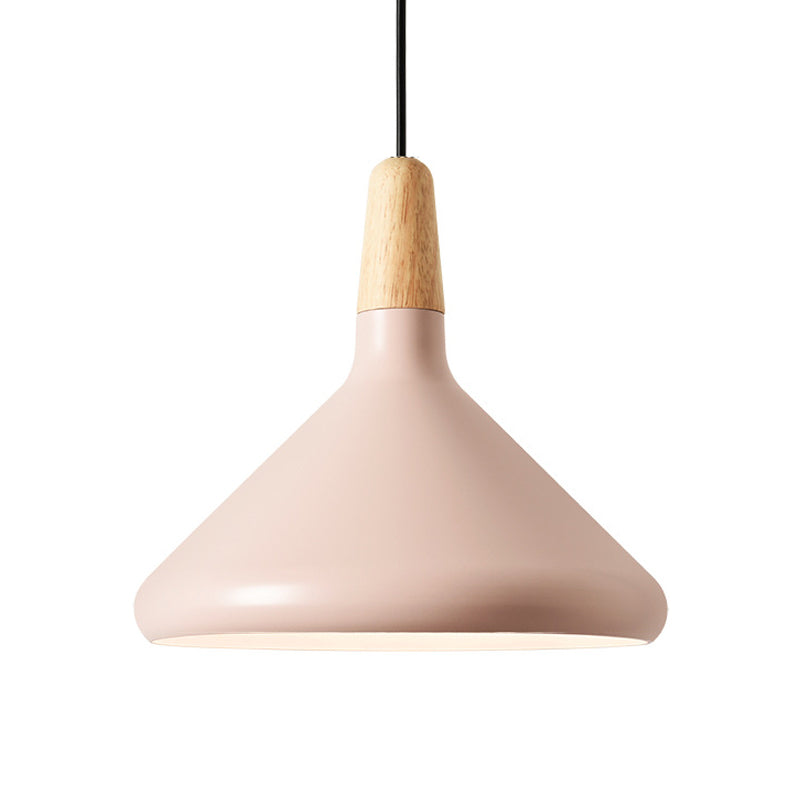 Conical Hanging Ceiling Light Macaron Aluminum 1-Bulb Pink/Gold/Grey and Wood Pendant Light Fixture over Table