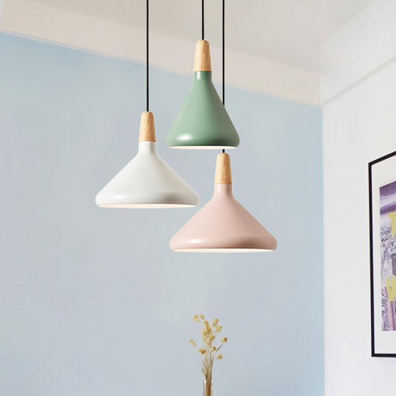 Conical Hanging Ceiling Light Macaron Aluminum 1-Bulb Pink/Gold/Grey and Wood Pendant Light Fixture over Table