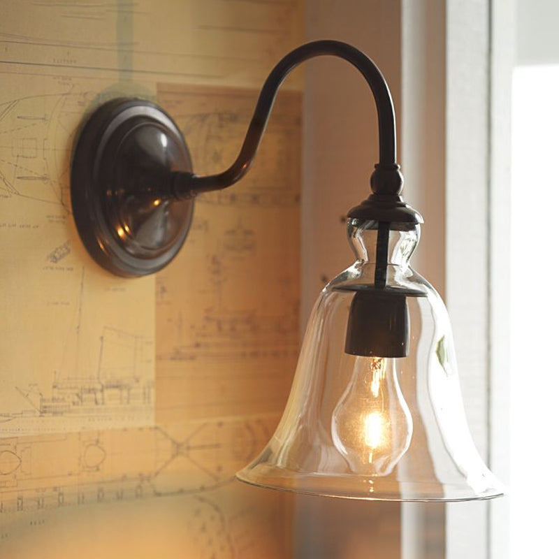 Vintage Gooseneck Wall Mount Light Single-Bulb Clear Flared Glass Wall Lighting in Black