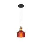 Retro Style Carillon Pendant Light 1-Light Red/Orange/Blue Gridded Glass Suspension Lighting for Dining Room