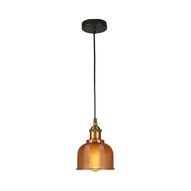 Retro Style Carillon Pendant Light 1-Light Red/Orange/Blue Gridded Glass Suspension Lighting for Dining Room