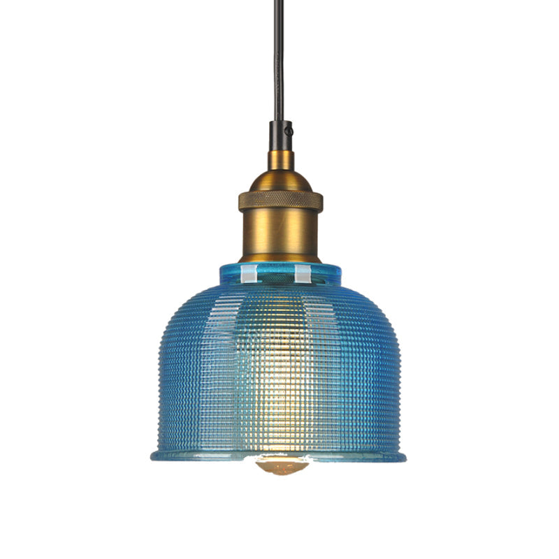Retro Style Carillon Pendant Light 1-Light Red/Orange/Blue Gridded Glass Suspension Lighting for Dining Room