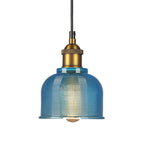 Retro Style Carillon Pendant Light 1-Light Red/Orange/Blue Gridded Glass Suspension Lighting for Dining Room