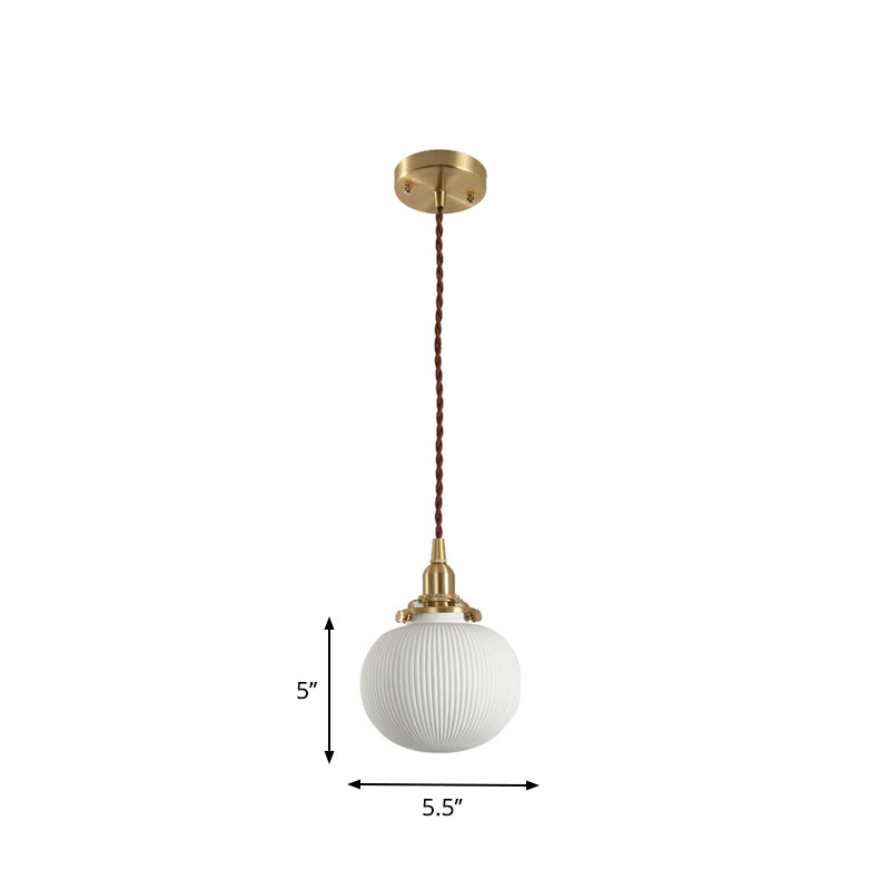 Rustic Ribbed Capsule/Ellipse Drop Pendant Single Bulb Ceramics Ceiling Hang Light in White and Brass