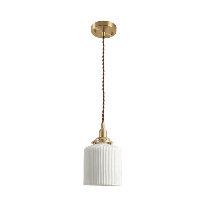 Rustic Ribbed Capsule/Ellipse Drop Pendant Single Bulb Ceramics Ceiling Hang Light in White and Brass