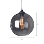 8"/10"/12" W Globe Bistro Pendulum Light Industrial Smoke Grey Glass 1-Light Black Suspension Pendant Light