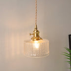 Bowl/Cylinder Bedside Wall Lighting Antique Clear Prismatic/Wavy Glass 1 Bulb Brass Wall Hanging Lamp with Rotary Switch