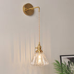 Bowl/Cylinder Bedside Wall Lighting Antique Clear Prismatic/Wavy Glass 1 Bulb Brass Wall Hanging Lamp with Rotary Switch
