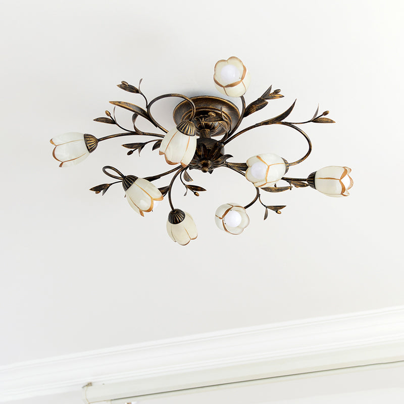 Flower Vine Bedroom Semi Flush Mount Rural Cream Glass 4/8/12-Light Antique Brass Ceiling Mounted Chandelier