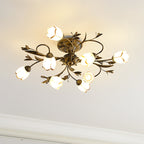 Flower Vine Bedroom Semi Flush Mount Rural Cream Glass 4/8/12-Light Antique Brass Ceiling Mounted Chandelier