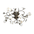 Flower Vine Bedroom Semi Flush Mount Rural Cream Glass 4/8/12-Light Antique Brass Ceiling Mounted Chandelier