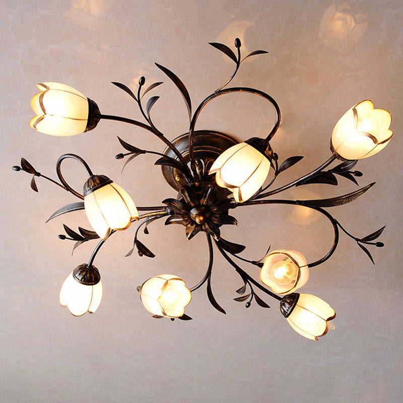 Flower Vine Bedroom Semi Flush Mount Rural Cream Glass 4/8/12-Light Antique Brass Ceiling Mounted Chandelier