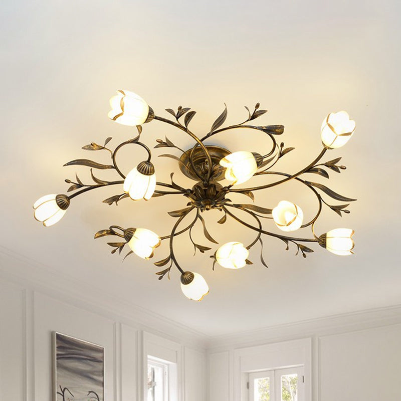 Flower Vine Bedroom Semi Flush Mount Rural Cream Glass 4/8/12-Light Antique Brass Ceiling Mounted Chandelier