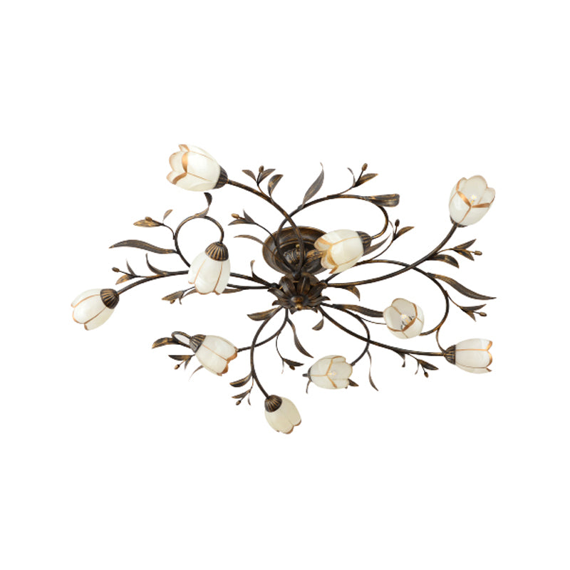 Flower Vine Bedroom Semi Flush Mount Rural Cream Glass 4/8/12-Light Antique Brass Ceiling Mounted Chandelier