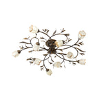 Flower Vine Bedroom Semi Flush Mount Rural Cream Glass 4/8/12-Light Antique Brass Ceiling Mounted Chandelier