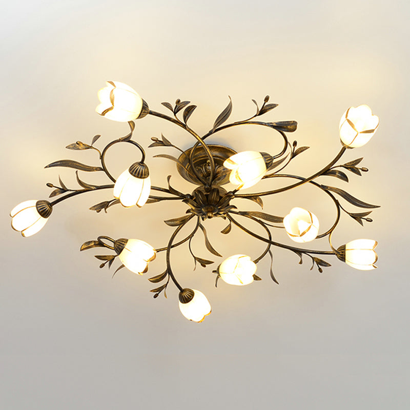 Flower Vine Bedroom Semi Flush Mount Rural Cream Glass 4/8/12-Light Antique Brass Ceiling Mounted Chandelier
