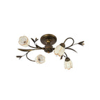 Flower Vine Bedroom Semi Flush Mount Rural Cream Glass 4/8/12-Light Antique Brass Ceiling Mounted Chandelier