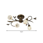 Flower Vine Bedroom Semi Flush Mount Rural Cream Glass 4/8/12-Light Antique Brass Ceiling Mounted Chandelier