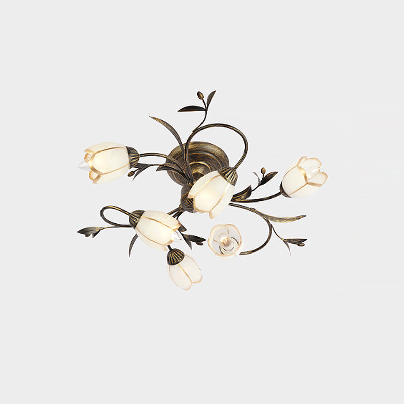 Flower Vine Bedroom Semi Flush Mount Rural Cream Glass 4/8/12-Light Antique Brass Ceiling Mounted Chandelier