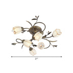 Flower Vine Bedroom Semi Flush Mount Rural Cream Glass 4/8/12-Light Antique Brass Ceiling Mounted Chandelier