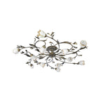 Flower Vine Bedroom Semi Flush Mount Rural Cream Glass 4/8/12-Light Antique Brass Ceiling Mounted Chandelier
