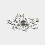 Flower Vine Bedroom Semi Flush Mount Rural Cream Glass 4/8/12-Light Antique Brass Ceiling Mounted Chandelier