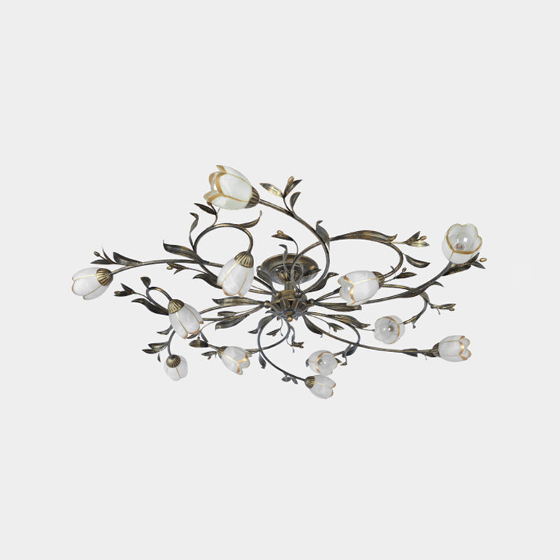 Flower Vine Bedroom Semi Flush Mount Rural Cream Glass 4/8/12-Light Antique Brass Ceiling Mounted Chandelier