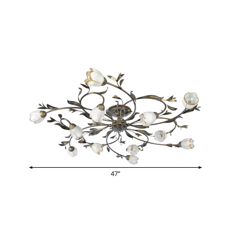 Flower Vine Bedroom Semi Flush Mount Rural Cream Glass 4/8/12-Light Antique Brass Ceiling Mounted Chandelier