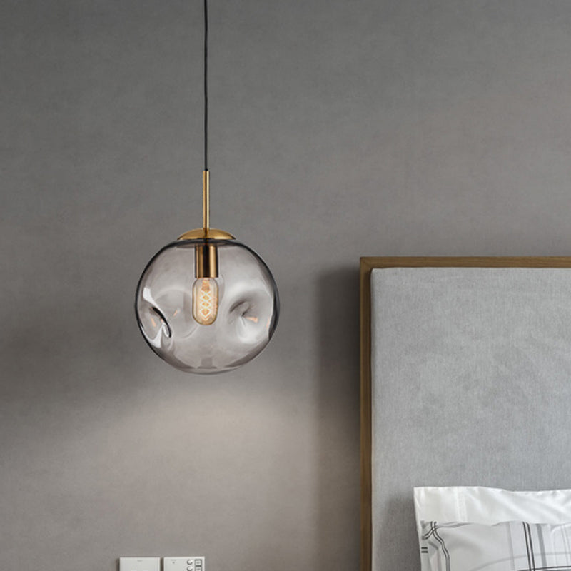 Dimpled Sphere Ceiling Pendant Modern Cognac/Smoke Grey Glass 1 Head Brass Hanging Light Fixture for Living Room